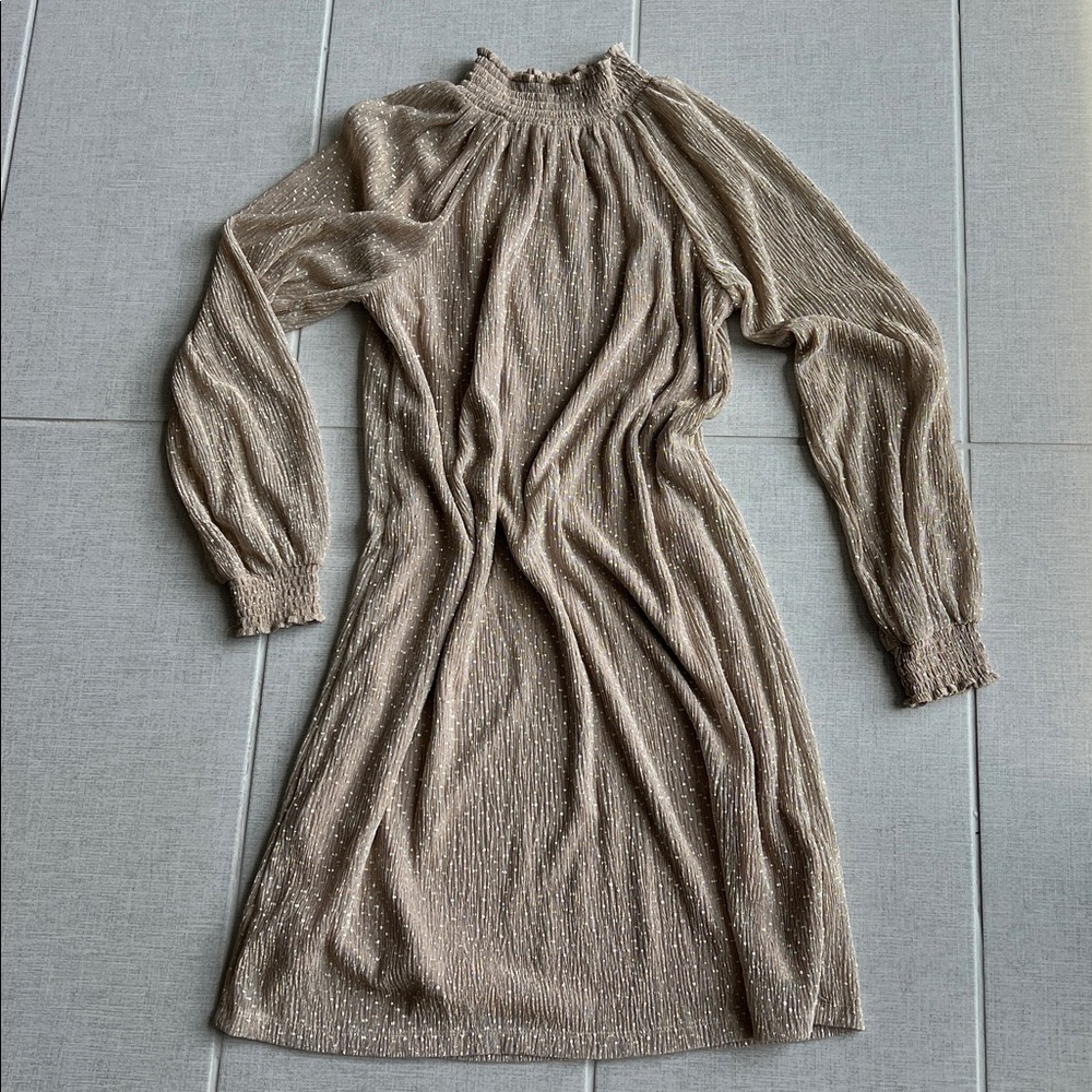 Elegant sheer slip on tan gold shimmery dots, long sleeve dress. Sz S. $19-